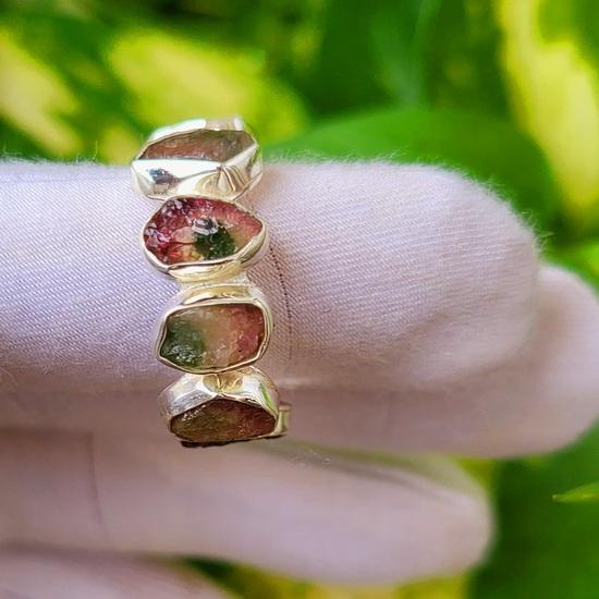 Natural Raw Bicolor Tourmaline Gemstone 925 Sterling Silver Eternity Ring 9 US