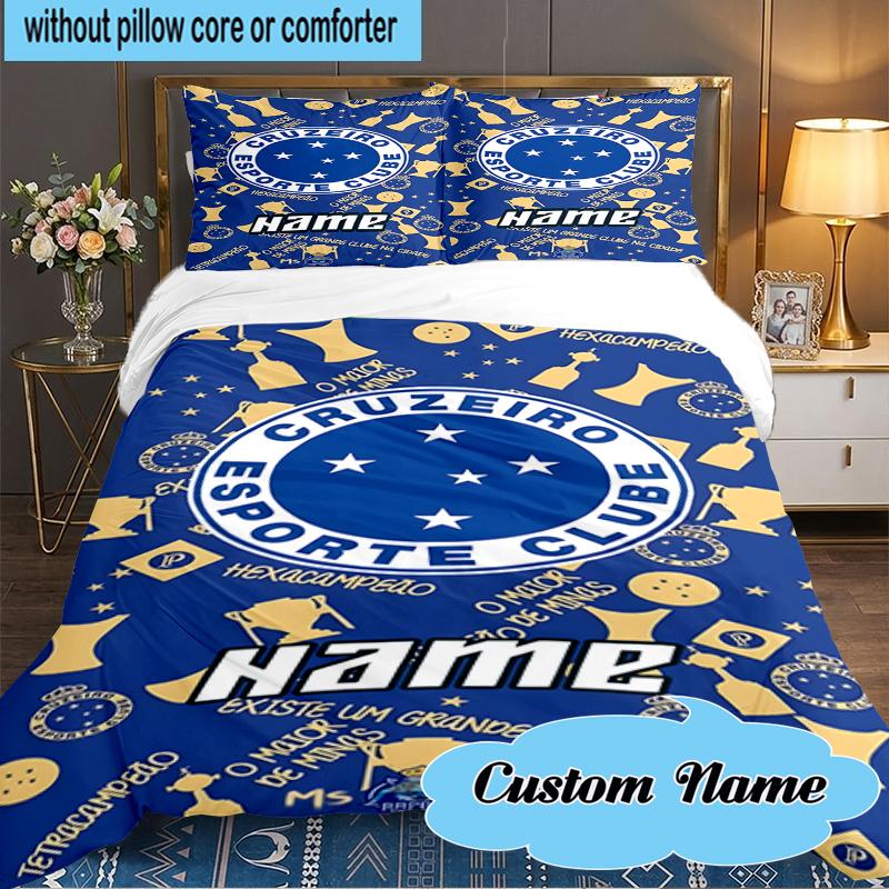Custom Name Cruzeiro FC Crest Bedding Set 3pcs, Bedding Set Including 1pc Duvet Cover And 2pcs Pillowcases for Bedroom, Dormitory Gift