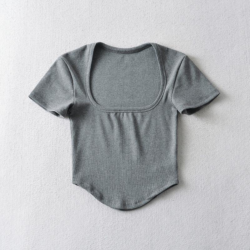 Sexig djup U-ringad T-shirt dam sommar Europeisk och Amerikansk smal passform oregelbunden topp