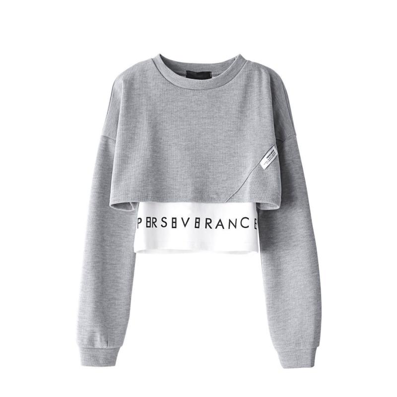 Korean Fake Two Piece Long Sleeve Black Tops All Season Patchwork Streetwear T Shirts