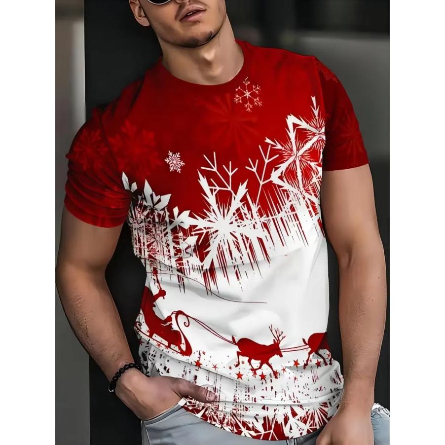 Funny Men's T-Shirts Santa Claus Christmas Oversized Short Sleeve with Snowflakes Print Red Casual O-Neck Outfit Men Clothing
