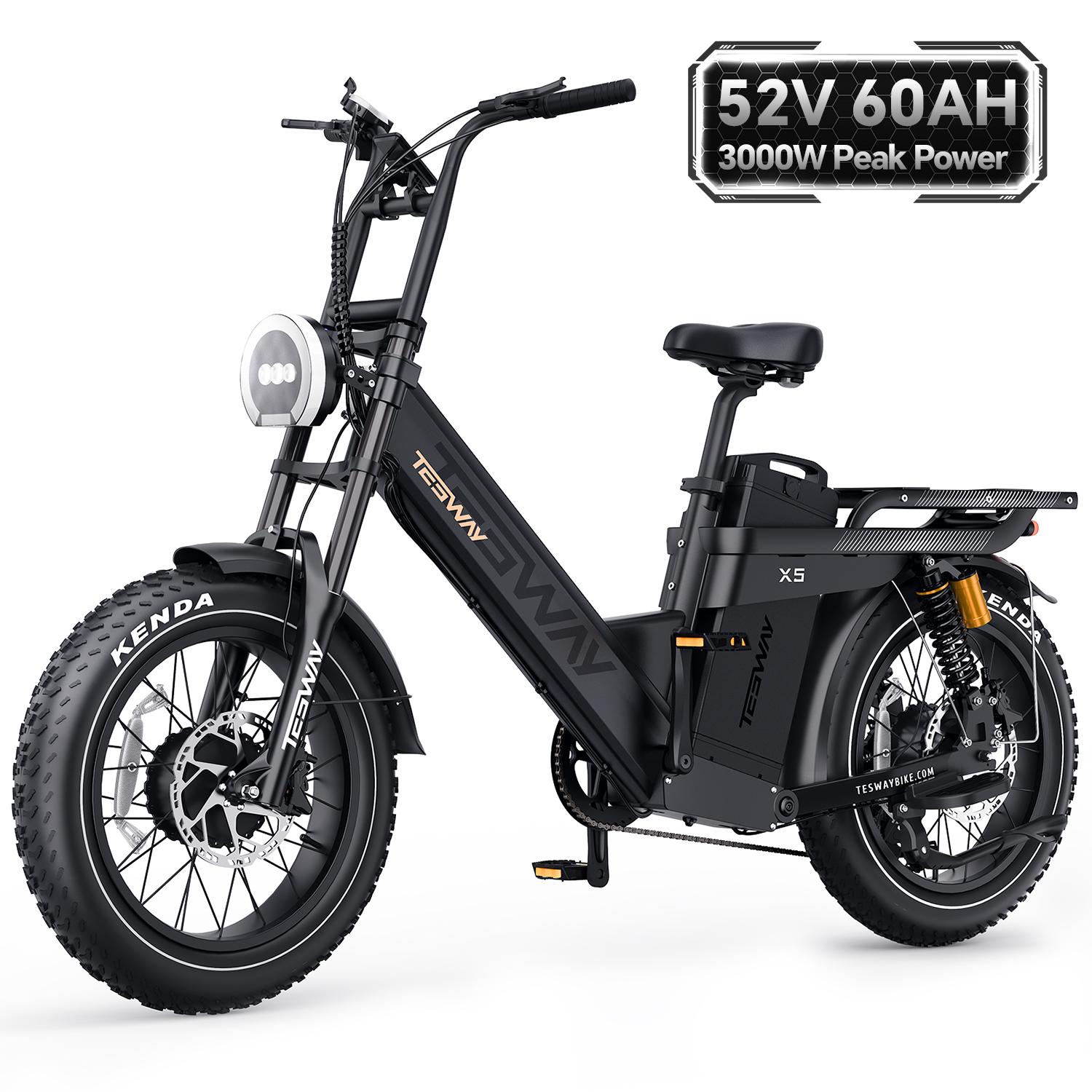Ebike Big Save Black Tesway X5 Awd Electric Bike, Peak 3000W Dual Motor, 52V 60Ah Battery, Range 300Km, 20*4.0'' Tires, 7 Speed, 8A Charger