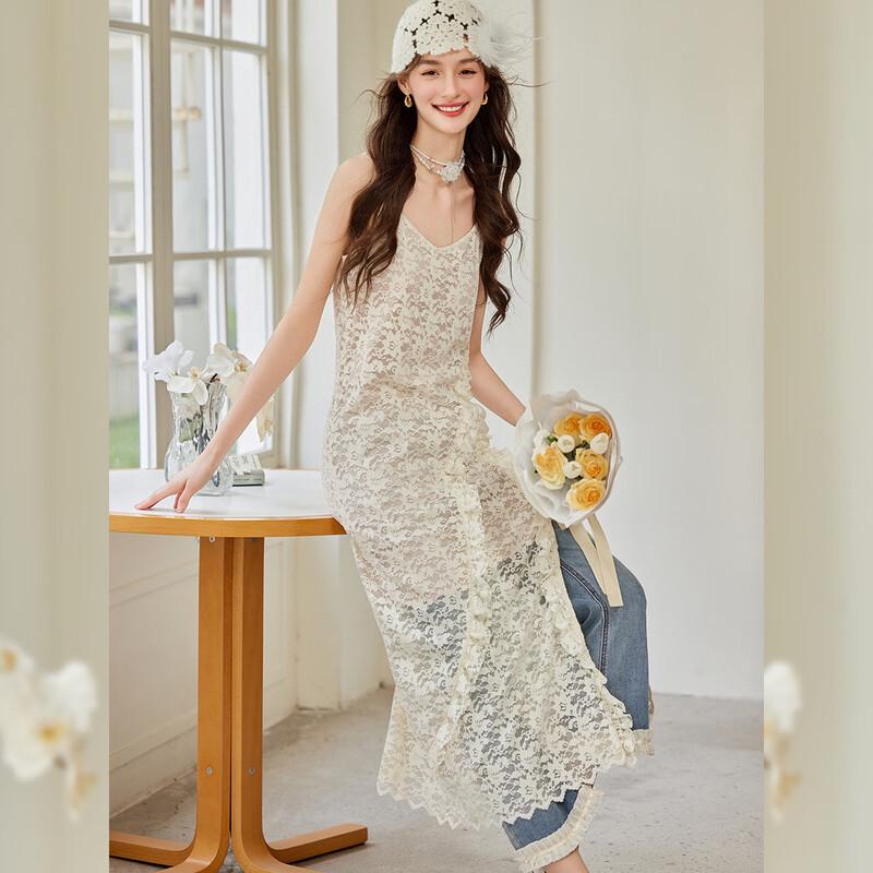 Bailuyu V-Neck Lace Ruffled Cami Dress S