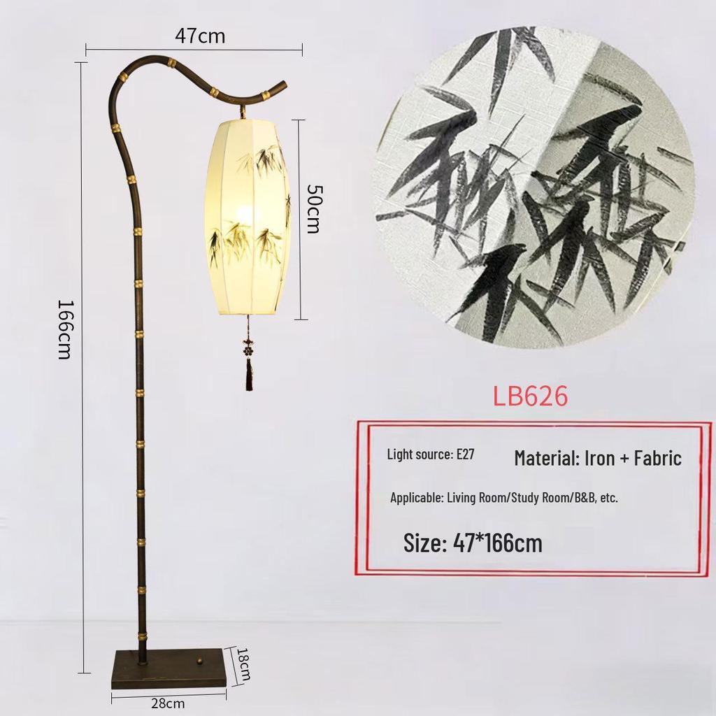 Retro Zen Bamboo Hand-Painted Floor Lamp for Living Room, Study, or Bedroom - Iron Art, New Chinese Antique Style