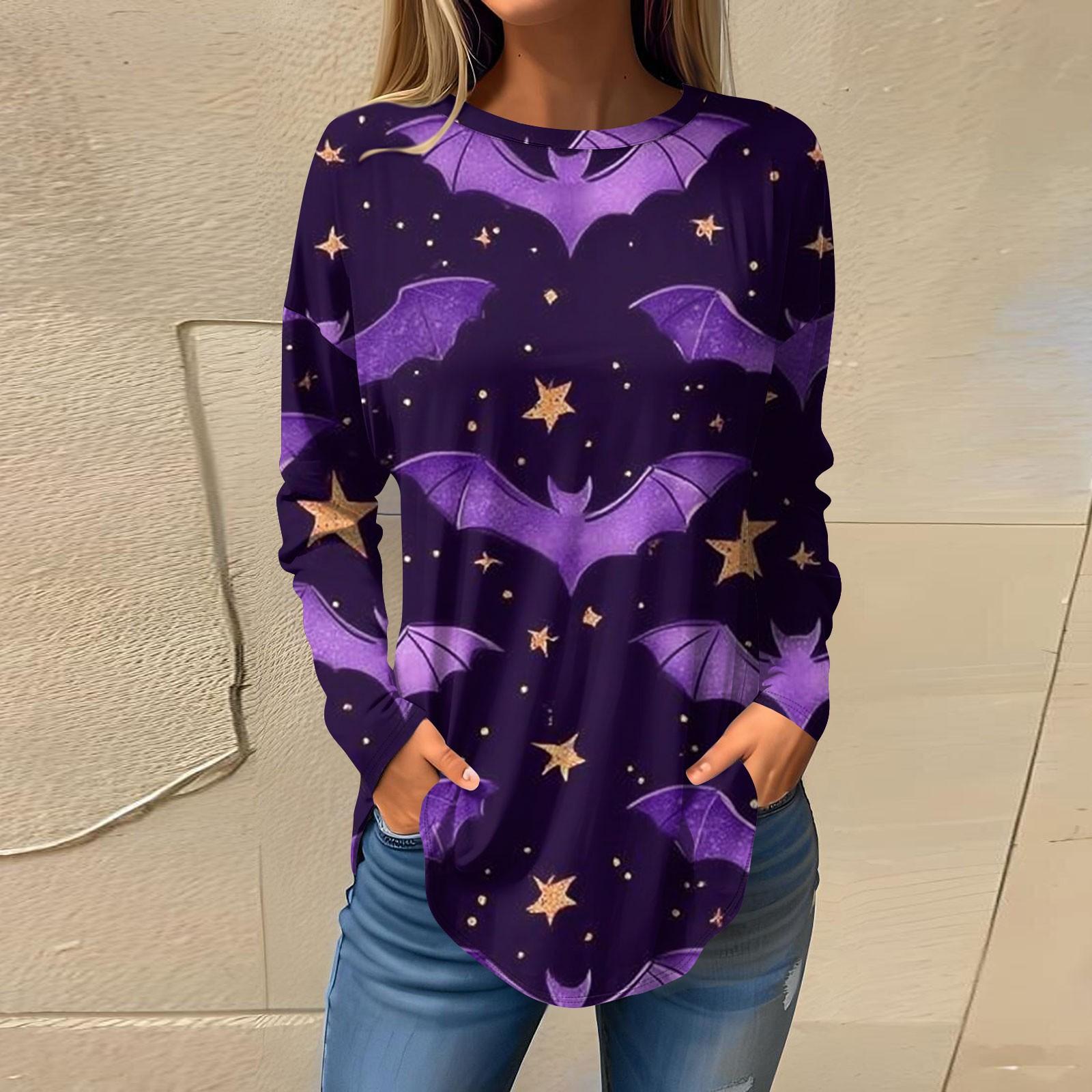 

Women s Fashion Loose Round Neck Halloween Printed Long Sleeve T-Shirt Top Pullover L фіолетовий