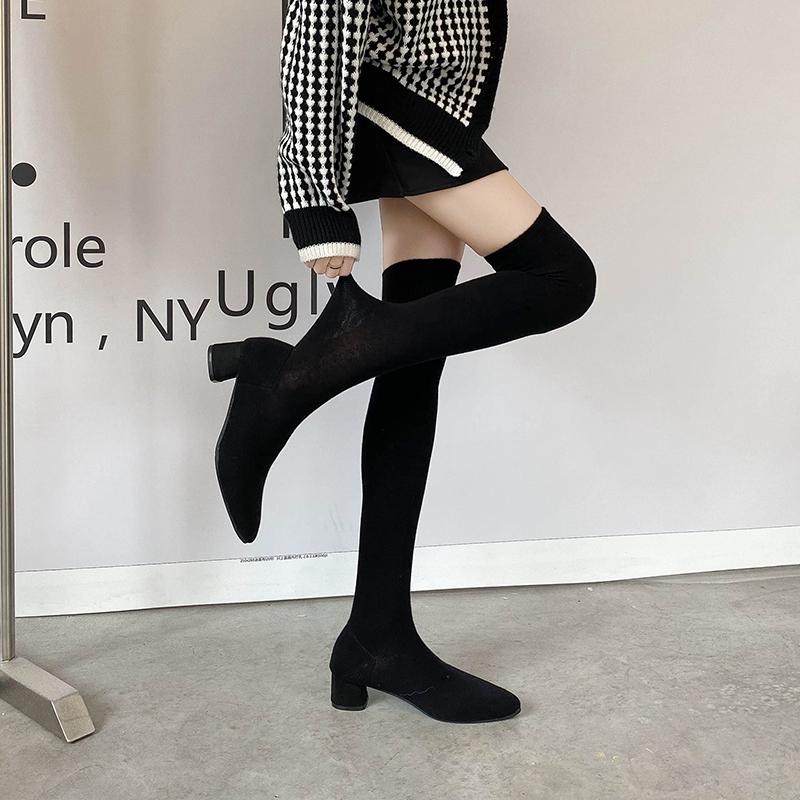 Autumn Winter Women Elastic Slimming Sock Loots Fashion Female Low Heel Over The Knee High Booties
