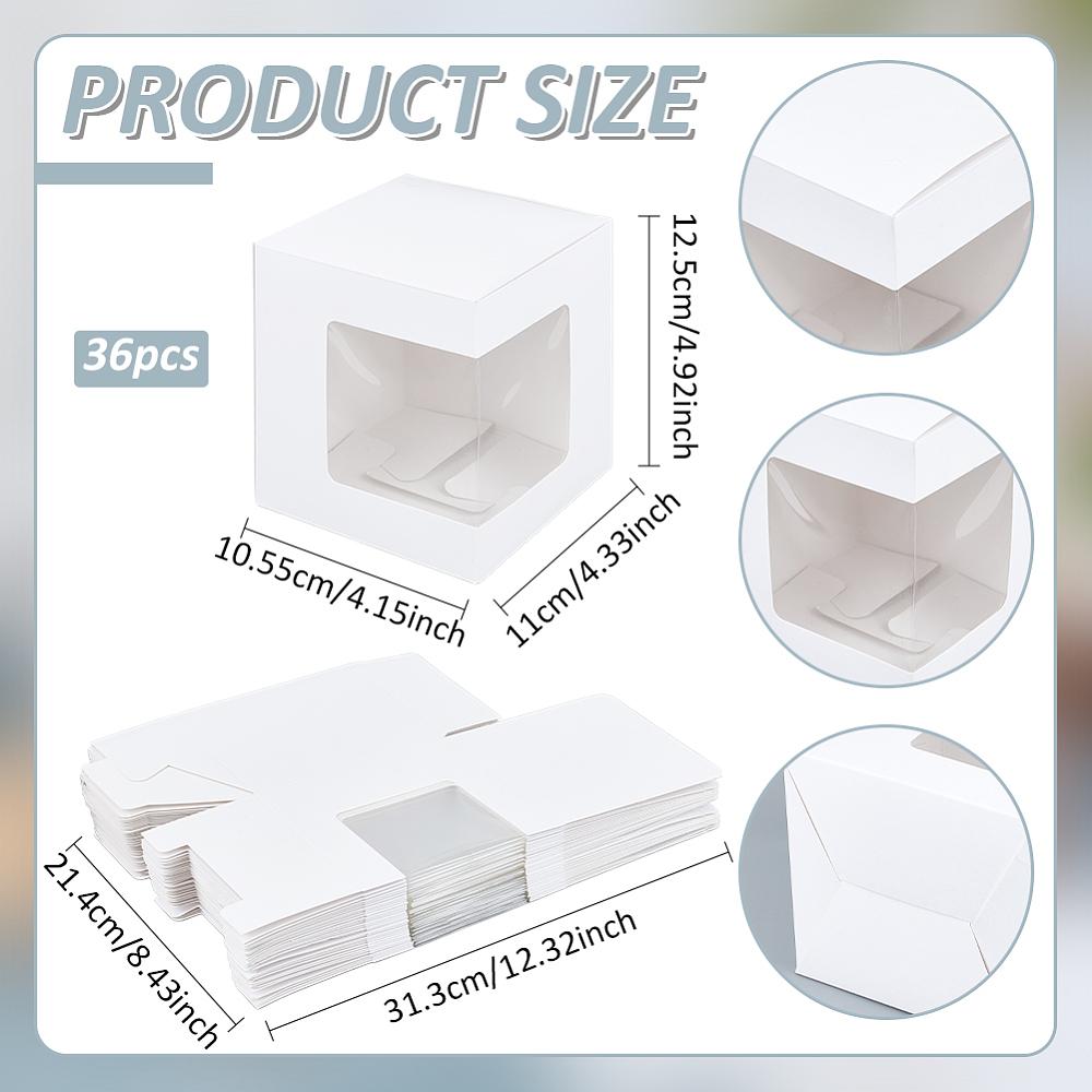 36pcs Bakery Box with PVC Display Window Cardboard Gift Packaging Boxes for Cookies Square White 105.5x110x125mm