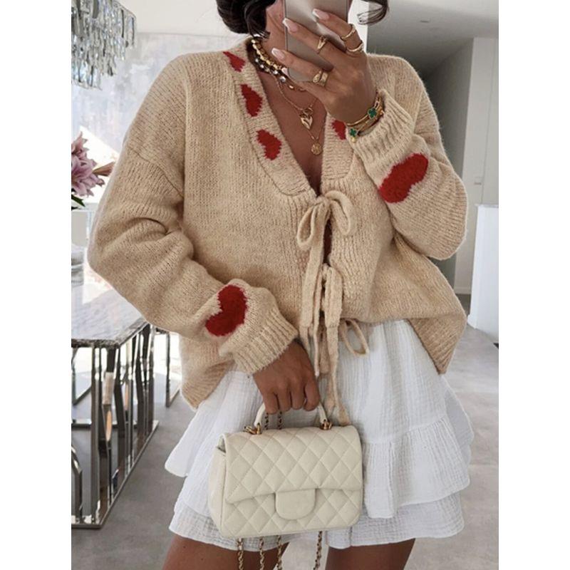 

Западный стиль Модный Повседневный Свободный Вязаный свитер с V-образным вырезом и шнуровкой Вязаный свитер с V-образным вырезом и завязками Beige XL