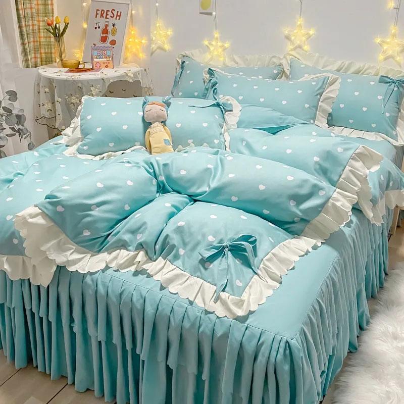 4pcs/set Cute Brushed Double Layer Lace Bed Skirt Bow Bedspread Bed Sheet Bedding Set Korean Version Girl Quilt Cover Four Piece Set