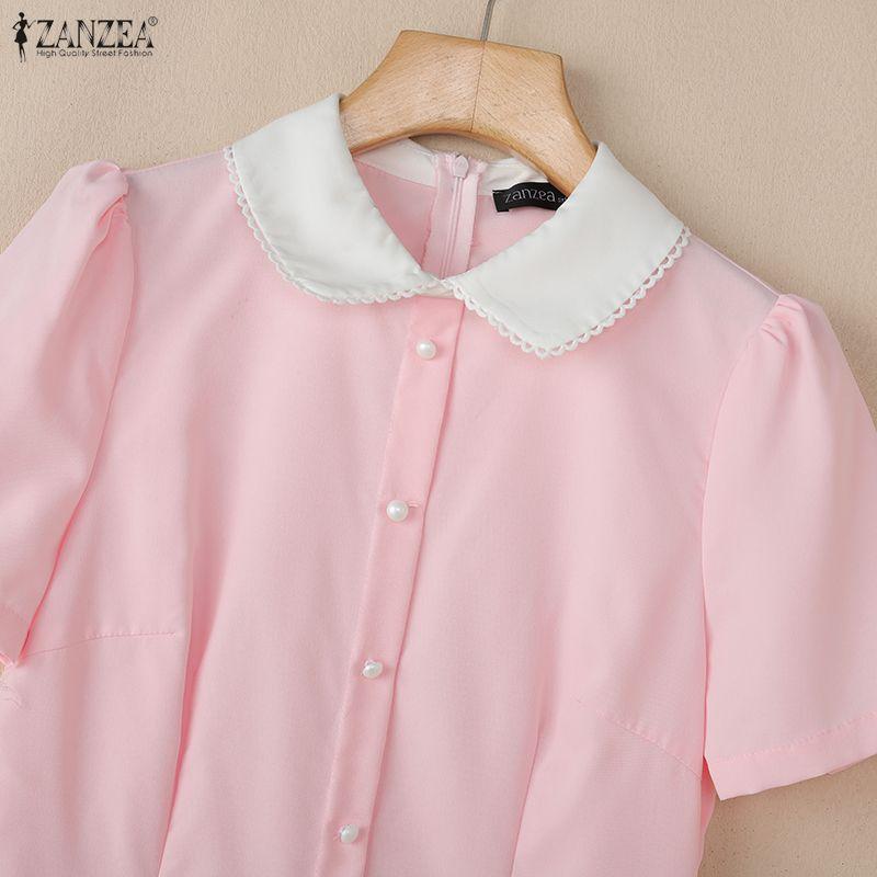 ZANZEA Damen Freizeitkleid mit Puppenkragen Sommer Kurzarm
