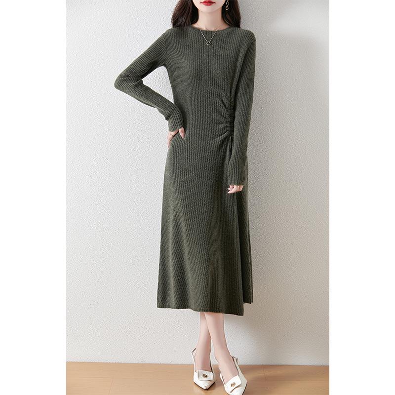 Women's Cashmere Knit A-Line Dress - Mid-Length, Round Neck, Over-the-Knee, 100% Pure, Casual and Versatile