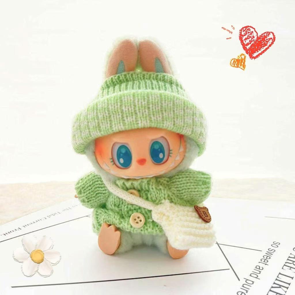 15-17cm Labubu Clothes Outfit Set for V1 V2 Cute Sitting Party Doll Sweater Hat Bag Accessories for Mini Plush Dolls Decoration