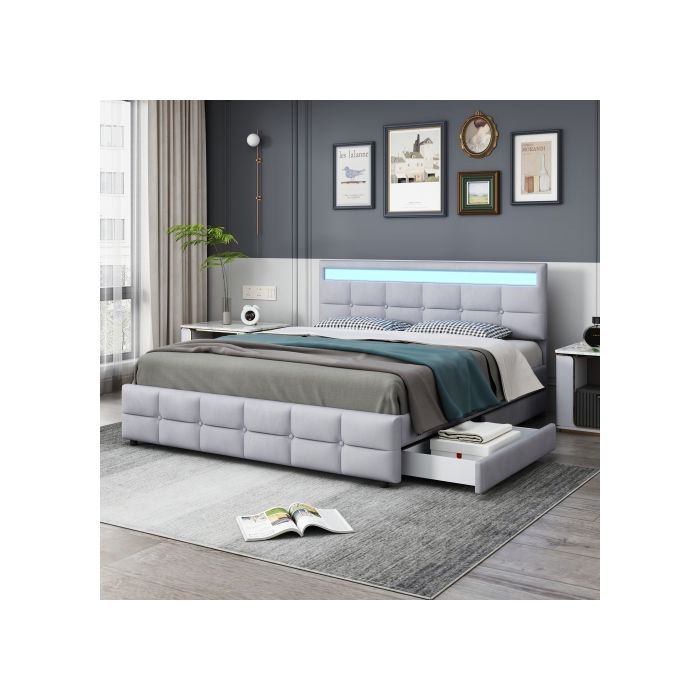 Lit double - MUVOE - 180 x 200 cm - Cadre de lit LED - 4 tiroirs - Gris moderne