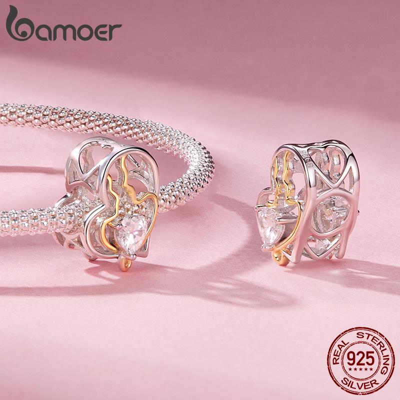 Bamoer 925 Sterling Silver Two-tone Love Heart Charm Celtic Murano Beads for Women Teens Bracelet Accessories DIY Valentine Gift