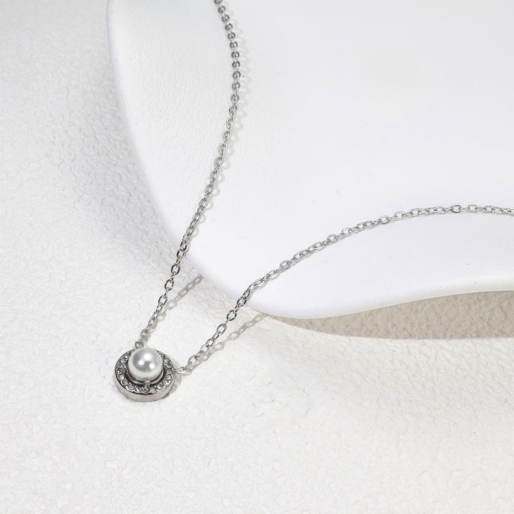 Korean Gentle Pearl Full Diamond Necklace Super Flash Titanium Steel Necklace Women Do Not Fade Summer Versatile Gift