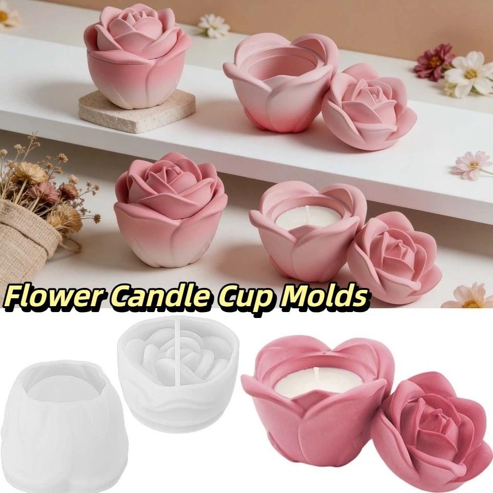 DIY Silicone Rose Flower Molds Non-Stick Handmade Flower Candle Cup Molds with Lid Candlestick Molds Candle Making