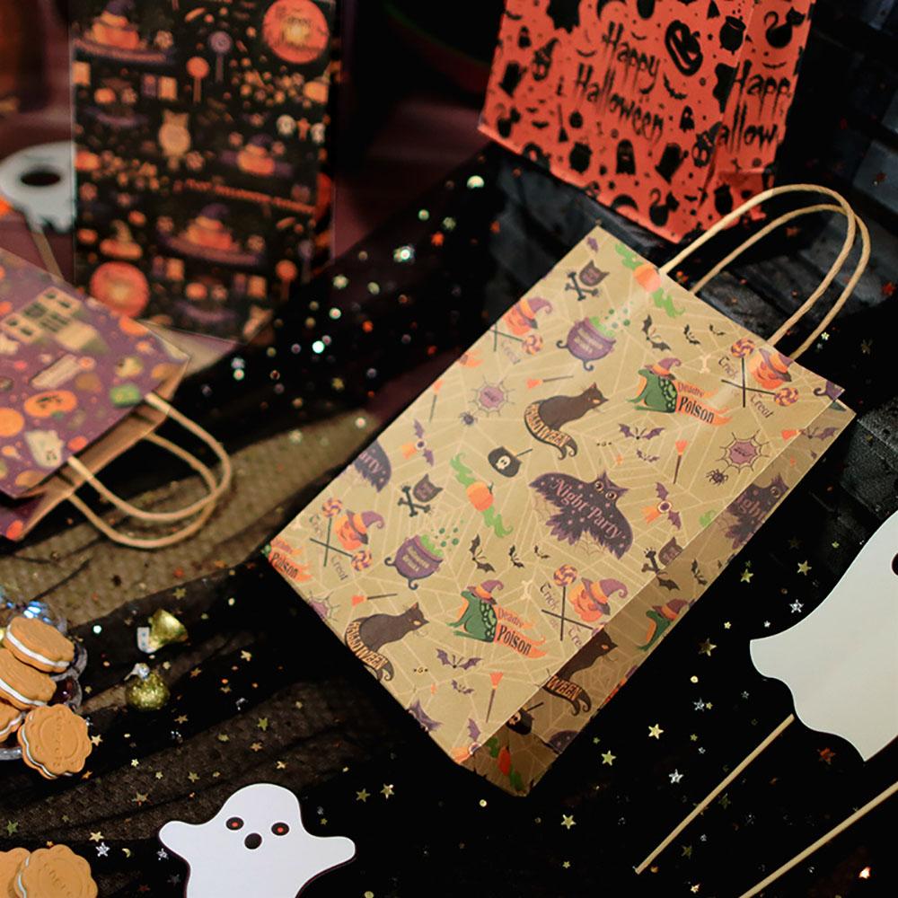 Borsa Tote di Carta Kraft per Halloween Zucca Fantasma Castello Borsa Retrò Confezione Caramelle Snack Borsa Regalo