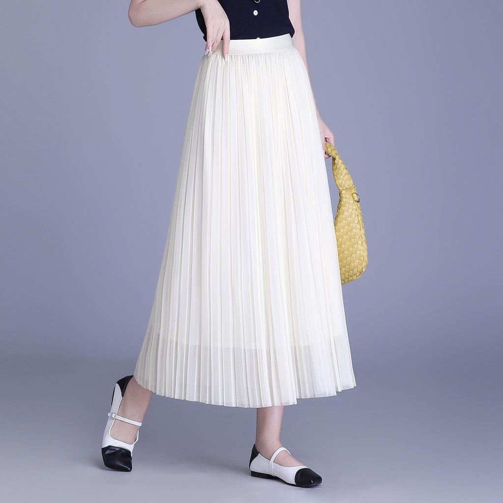 Solid Color High-Waisted Mesh Midi Skirt with Elastic Waist and Lurex Drape