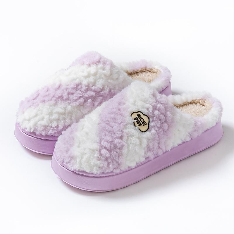 Two-color Plush Embroidered Cotton Slippers for Stepping On Shit Autumn and Winter Home Warmth Thick Bottom and Light Couple Hair Slippers