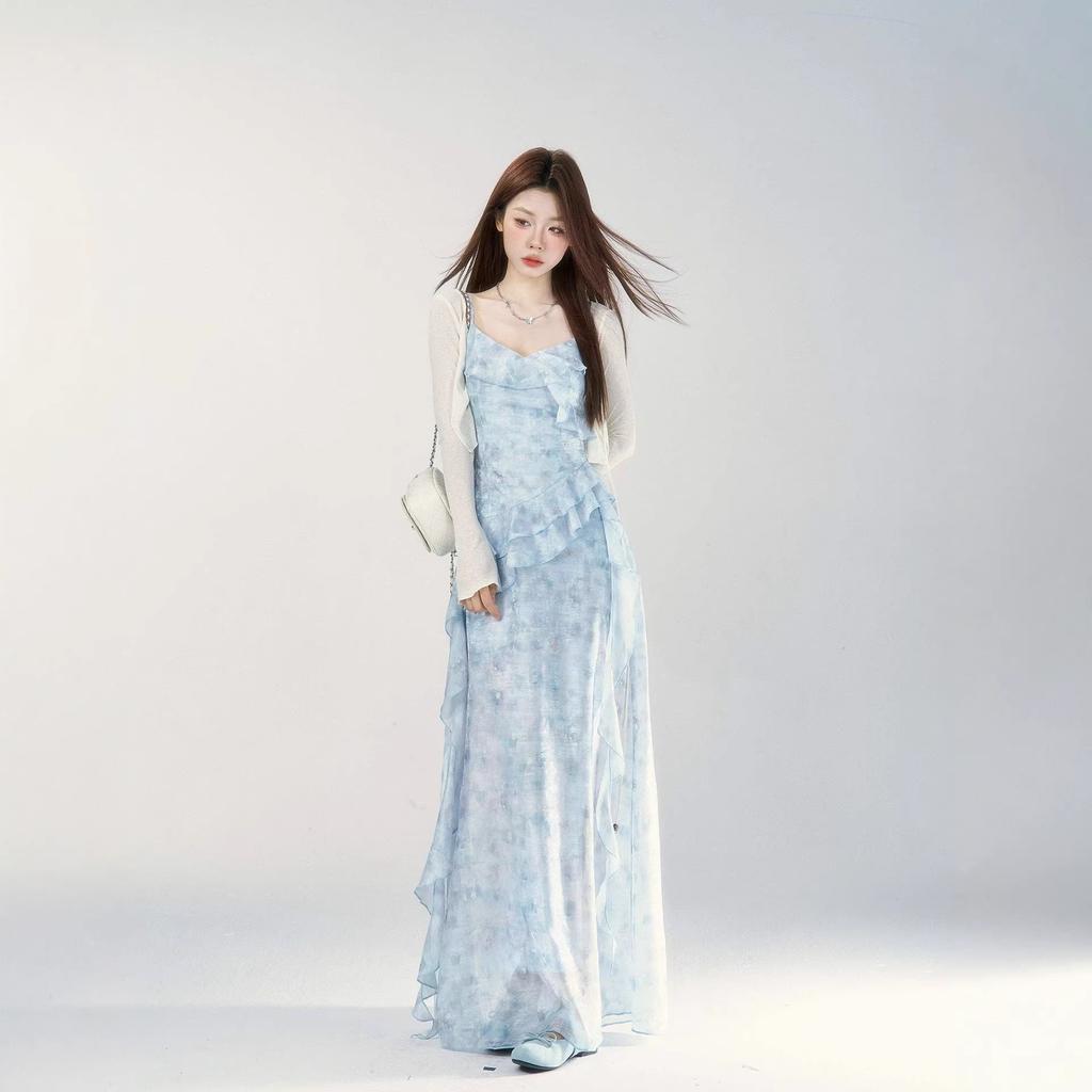 Blue Splicing Suspender Dress Dress Summer New Popular Waist and Thin Temperament Large Size Dress