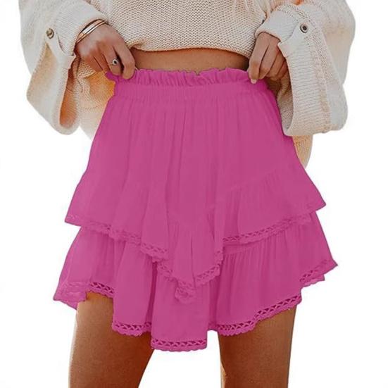 Mini Skirt with Hollow Crochet Design High-Waisted Style Double Layer Ruffle Hem Short Skirt Solid Color Cake Skirt