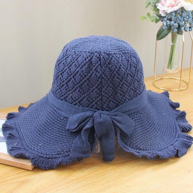 Women's Fringe Edge Crochet Sun Hat Wide Brim UV Protection Summer Hat with Bow Breathable Foldable Beach Hat