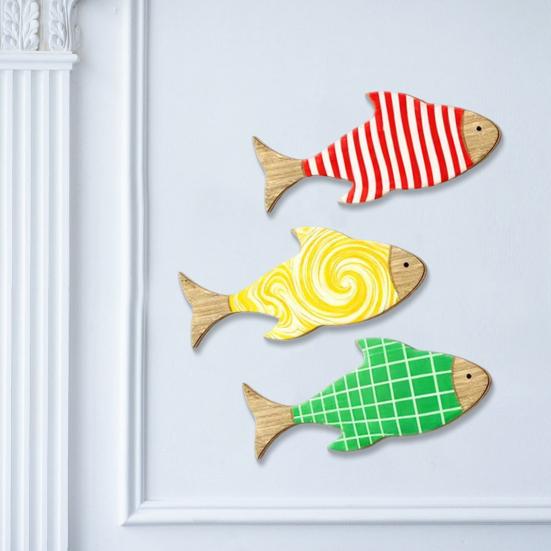3Pcs/Set Wooden Fish Wall Art Decoration, Striped Wavy Plaid Fish Wall Sculpture, Summer Beach Theme Fish Ornament, Rustic Lake House Nautical Decor