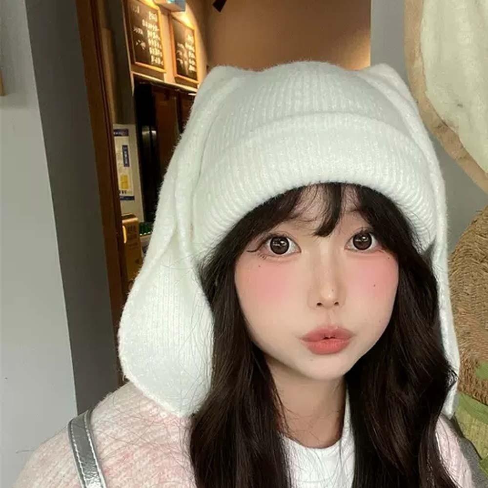 Trendy Rabbit Ears Cap Elastic Brimless Beanie Hat Versatile Solid Color Knitted Hat  Gifts