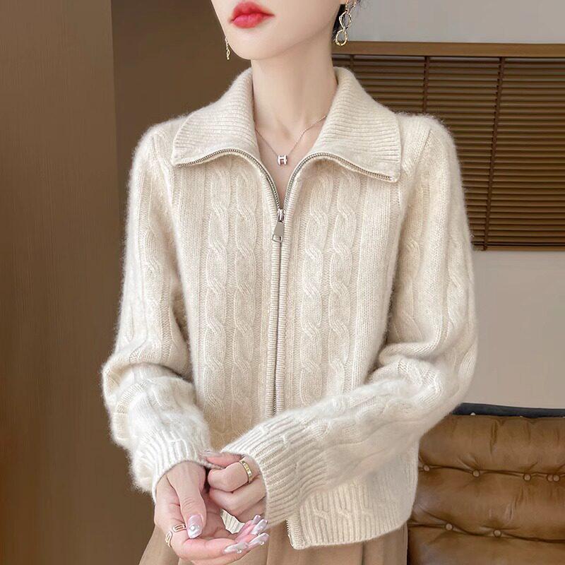 Women's Double Zipper Knit Cardigan - Long Sleeve Lapel Sweater for Spring & Autumn