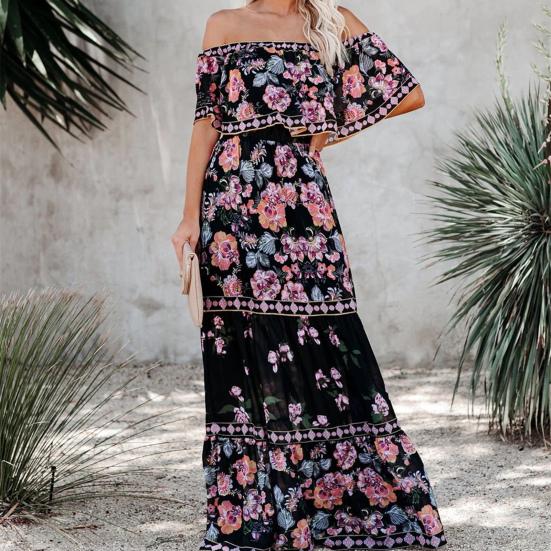 Women Dress Floral Print Off Shoulder Temperament Strapless Slim-fitting Sundress for Party
