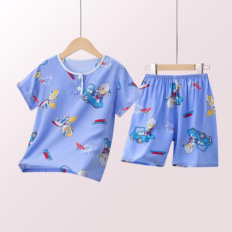 Slim Fit Summer Cotton Silk Pajama Set - Short Sleeve & Shorts for Kids, Boys, Girls- Parent-Child Homewear