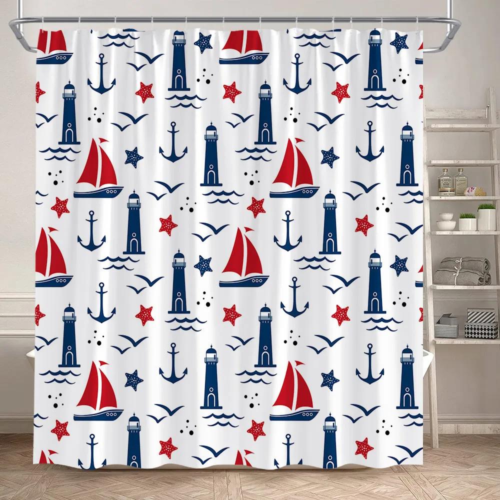 Blue And White Striped Shower Curtain Modern Geometric Nautical Anchor Bath Curtains Polyester Fabric Bathroom Decor with Hooks