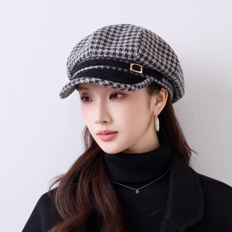 New British style retro plaid octagonal hat female small fragrant style show face small newsboy hat autumn and winter fashion hat