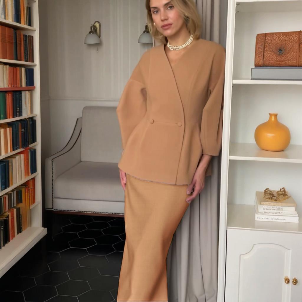 Dámská bílá halenka s V-výstřihem a nabíranými rukávy se sadou sukně slim fit, elegantní kancelářské oblečení