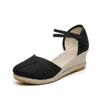 Patchwork Women Linen Wedge Espadrilles Sandals 6cm High Heel Summer Elegant Lady Close Toe Shoes Black Red White Beige
