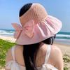 Sun Hat with Bow Design Foldable Breathable Hollow Woven Large Brim Jacquard Fabric UV Protection Face Slimming Summer Travel Hat