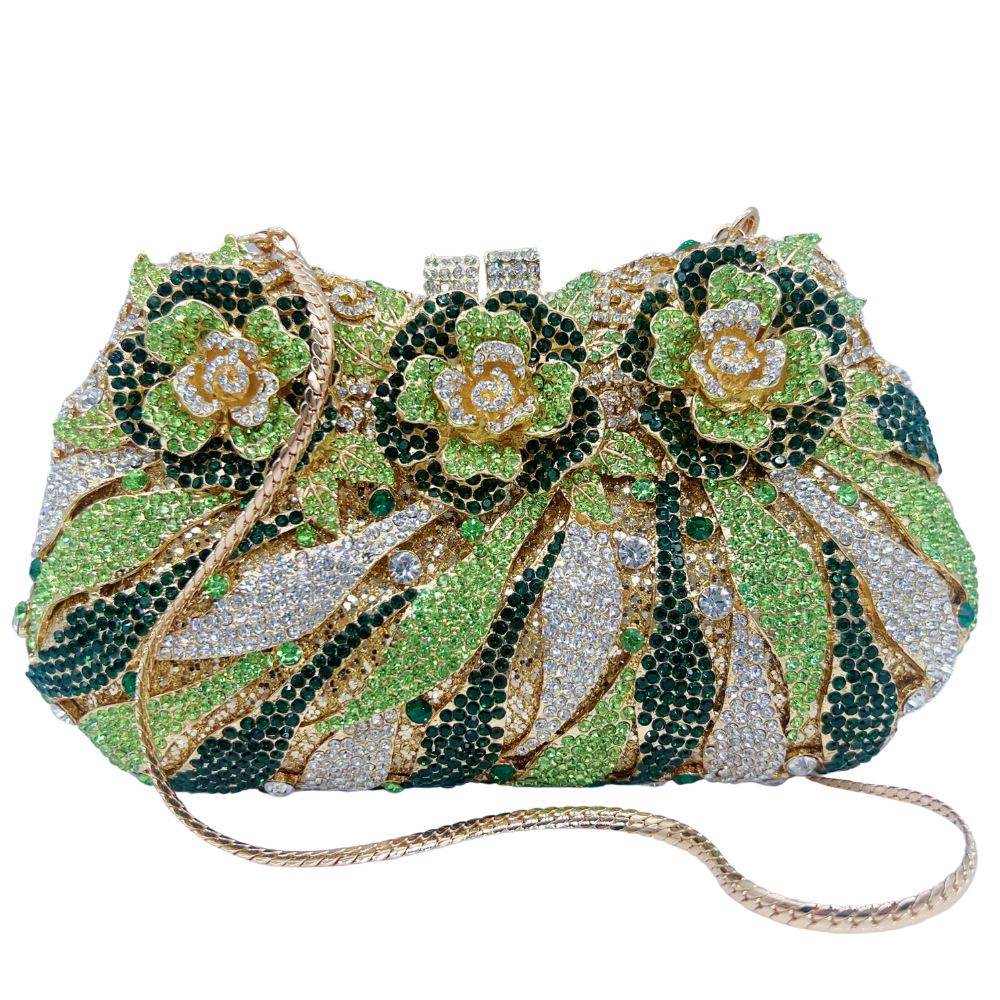 Rose Flower Diamond-Inlaid Stone Clutch: Elegant Metal Evening Bag for Women