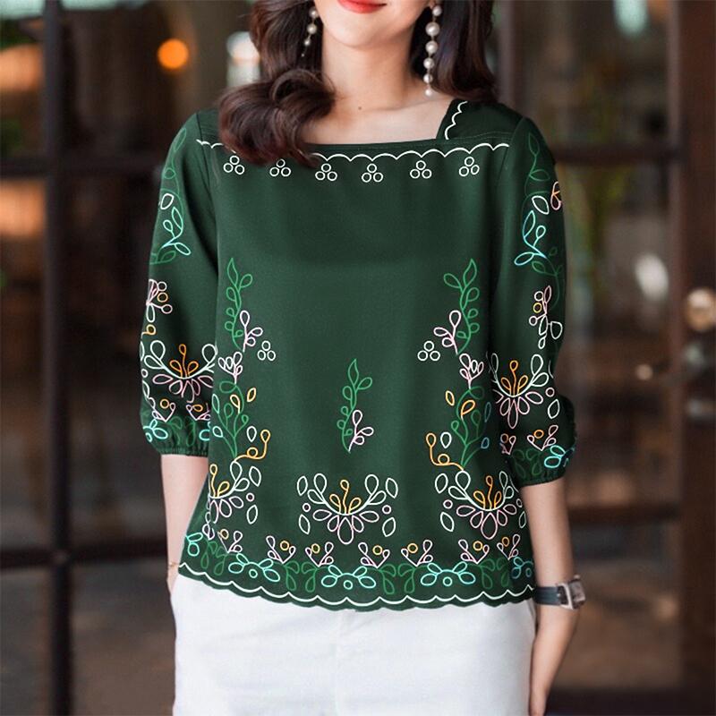 

ZANZEA Женская повседневная блузка с круглым вырезом и рукавом 3/4 с принтом 4XL зелёный