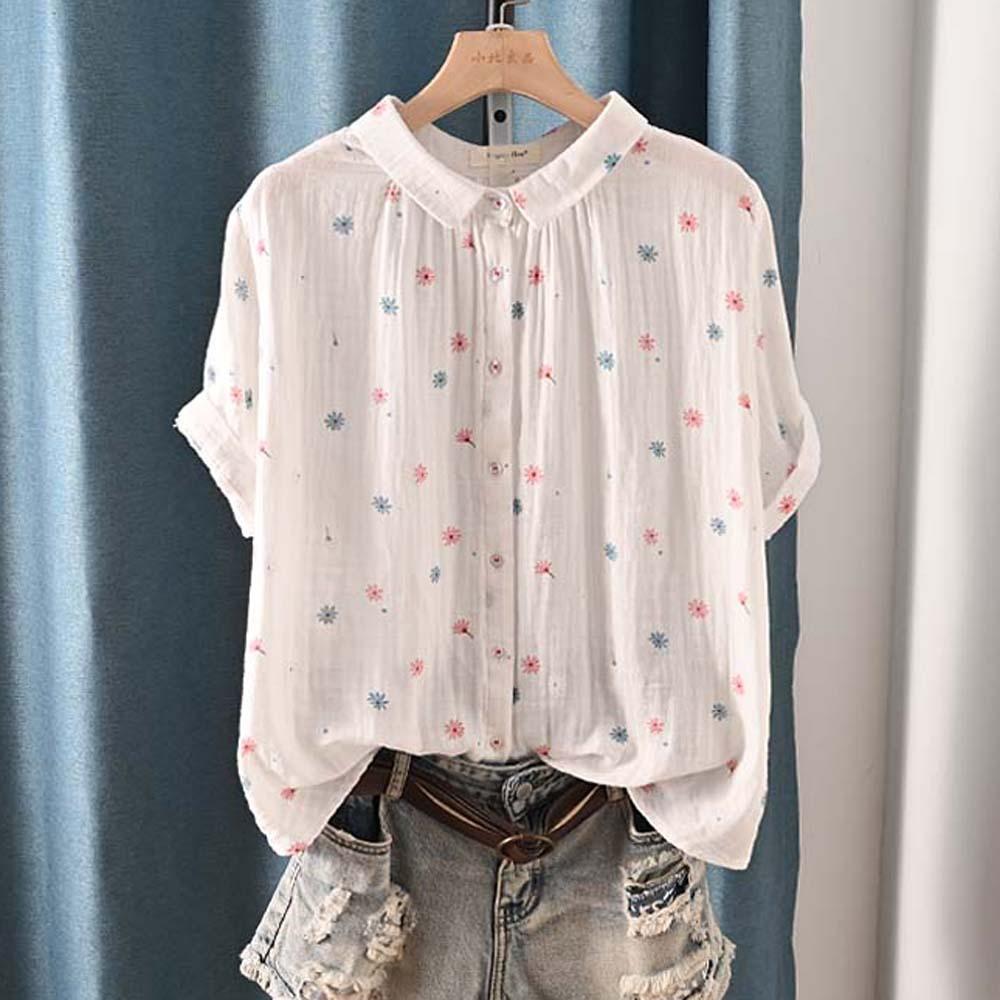 Niche Literary Temperament Lapel Printed Short-sleeved Shirt Women's Double-layer Cotton Yarn Loose Casual