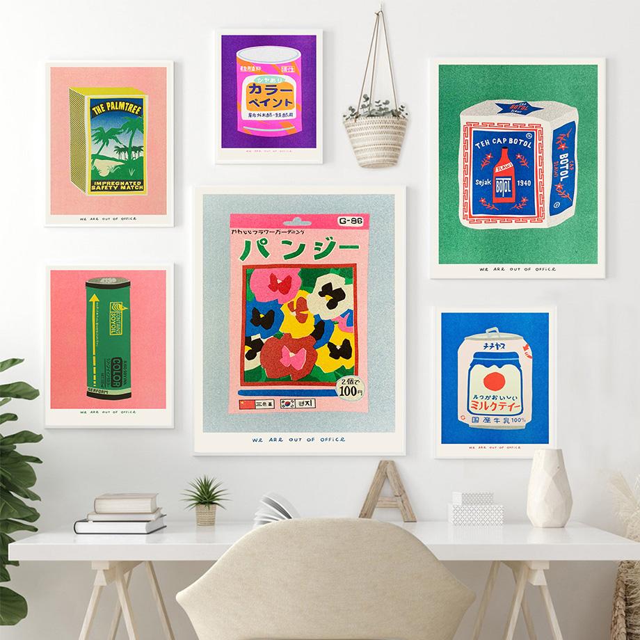 Japanese Juice Blossom Ink Canned Sardine Tomato Wall Art Painting Nordic Abstract Posters and Prints Pictures Living Room Decor