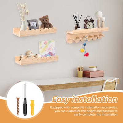 Wooden Floating Wall Shelves Storage Shelf With Hook Wood Organizer Display Stand Holder for Nursery Living Room Toddler Room