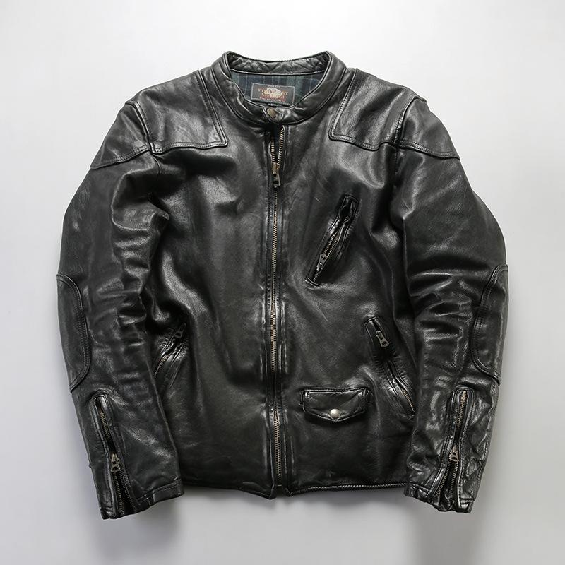 Heavy wash pleated full vegetable tanned sheepskin venom leather jacket locomotive leather jacket stand-up collar vintage men's leather jacket