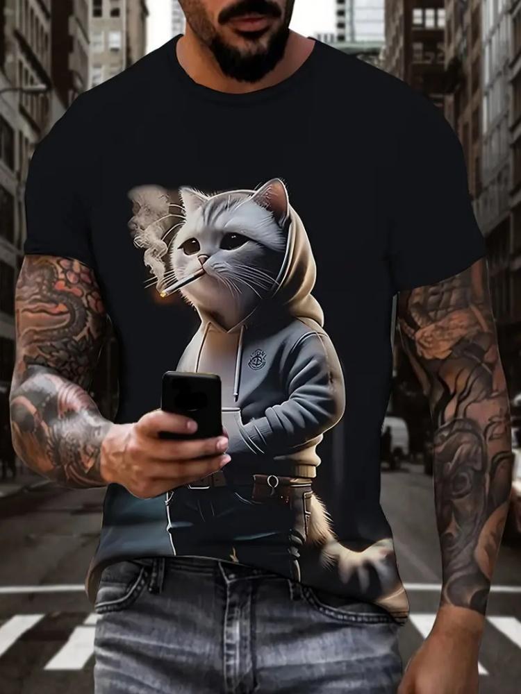 Men T-Shirt Digital Cat Doing Print Summer Round Neck Funny Taekwondo Graphic T Shirts Street Short Sleeve Tee Men's Clothing