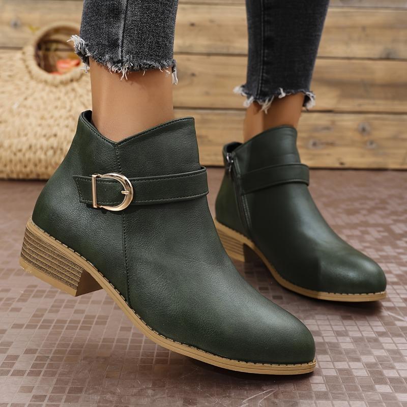 Women's Faux Cover Fanny-Finder Lace-like Zipper & Button Closure Low-Heel Mule Boots - Solid Brown Winter Boots with Arch, Round Toe & Rubber Sole