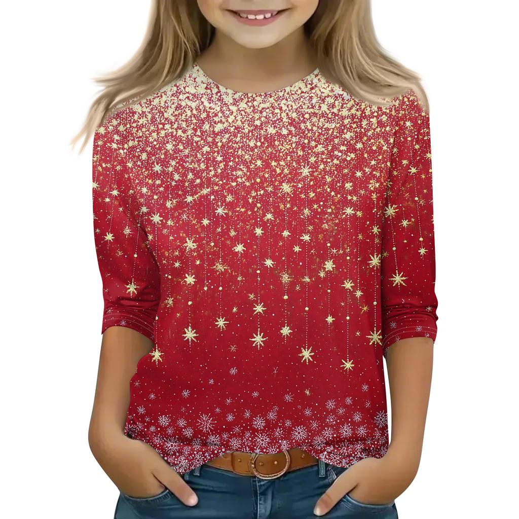 Christmas Day Print Tops For Youth Girls 4-11 Years Round Neck 3/4 Sleeves T-Shirts Trendy Tops Outfit Tees