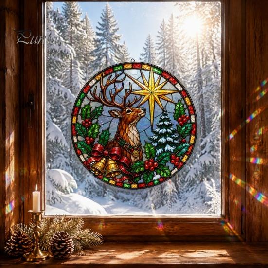 Reusable Christmas Window Decor Stained Glass Style Cling, Rainbow Film Sun Catcher Static Sunlight Reflective Films Suncatcher Sticker for Home Shop