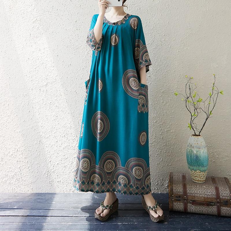 Krátký rukáv Plus size Bavlněné vintage květinové nové šaty pro ženy ležérní volné dlouhé letní šaty