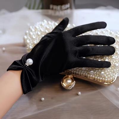 Minimalist Summer Sun Protection Gloves, Sheer Short Satin Wedding Dress, Bride White Elastic Pearl Gloves