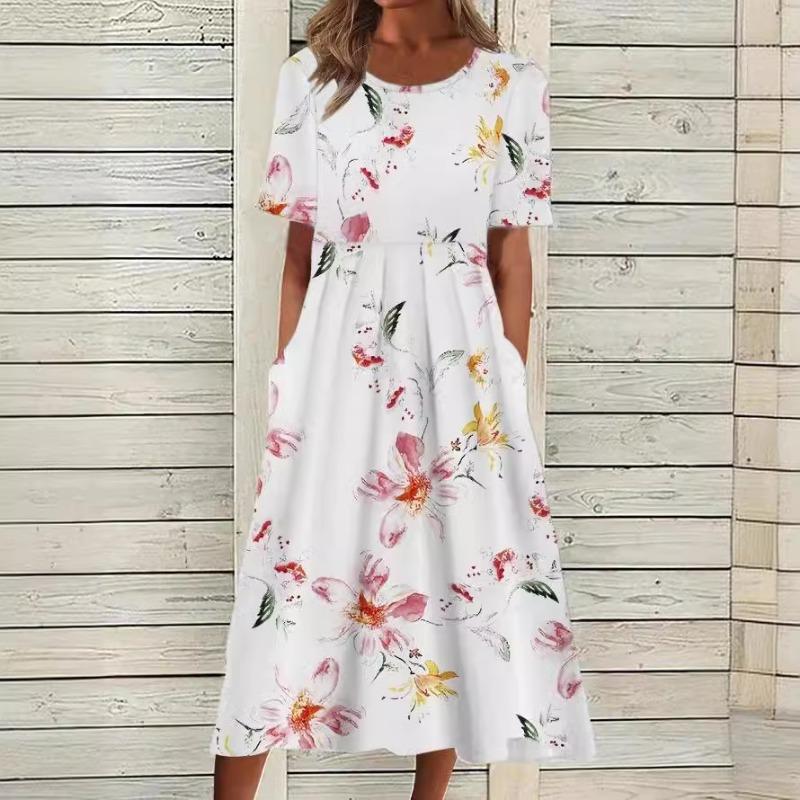 Casual O Neck Pockets Printed Loose Dresses for Women Plus Size Summer New Short Sleeve Women's Dress Fashion Elegant Vintage Floral Long Dress 3364