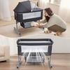 Culla da comodino multifunzione 3 in 1 con cesto portaoggetti, Culla per neonati regolabile in altezza su 6 livelli con zanzariera, Convertibile portatile per neonati